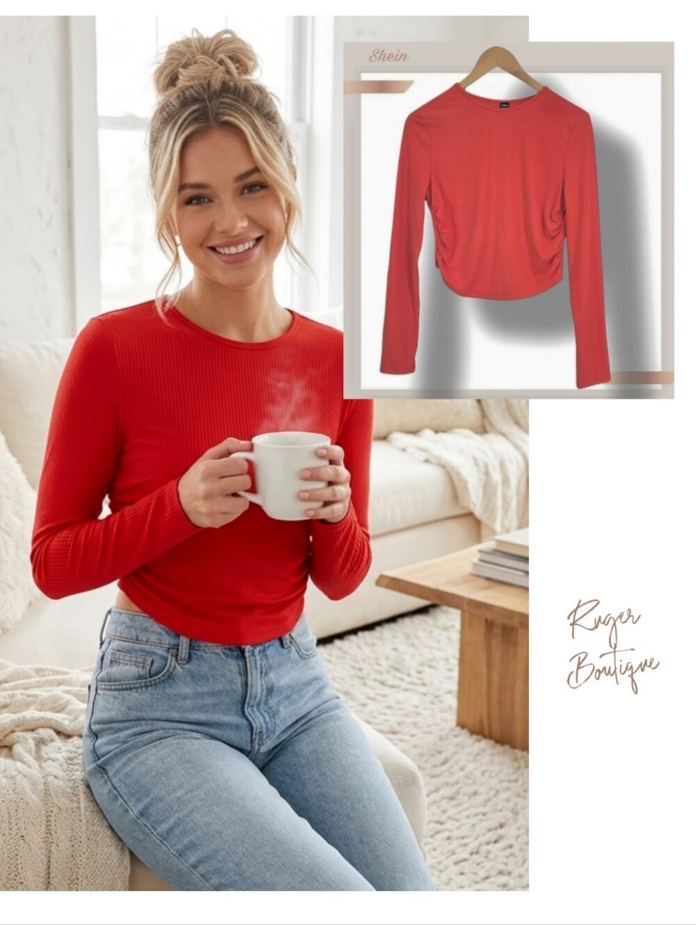 🌿Shein Women's Large Bright Red Rutched Side Longsleeve Crop Top